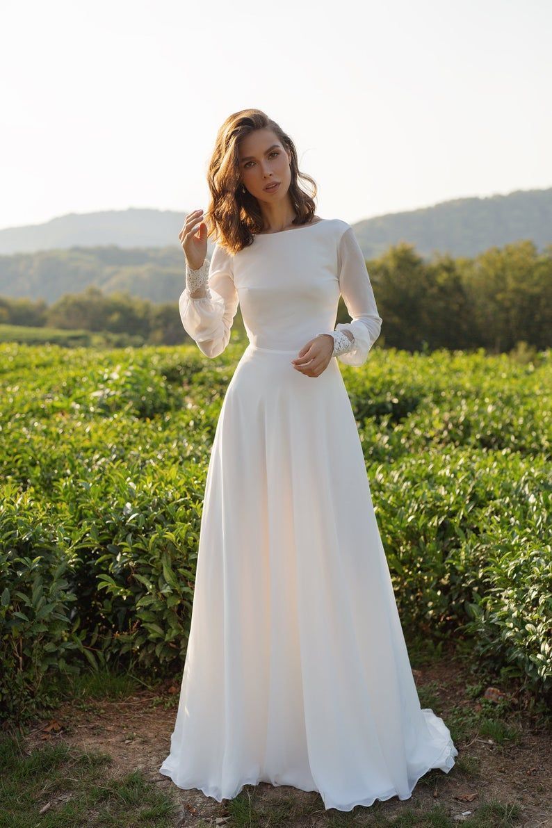 Chiffon wedding dress ANASTEISHA,  long sleeves simple wedding dress with open back -   19 wedding Gown with sleeves ideas