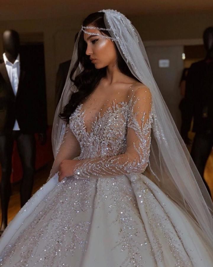 Luxury Arabic Ball Gown Wedding Dress Long Sleeve With Large Beaded Applique Sweetheart Button Back Long Train Wedding Gowns -   19 wedding Gown with sleeves ideas