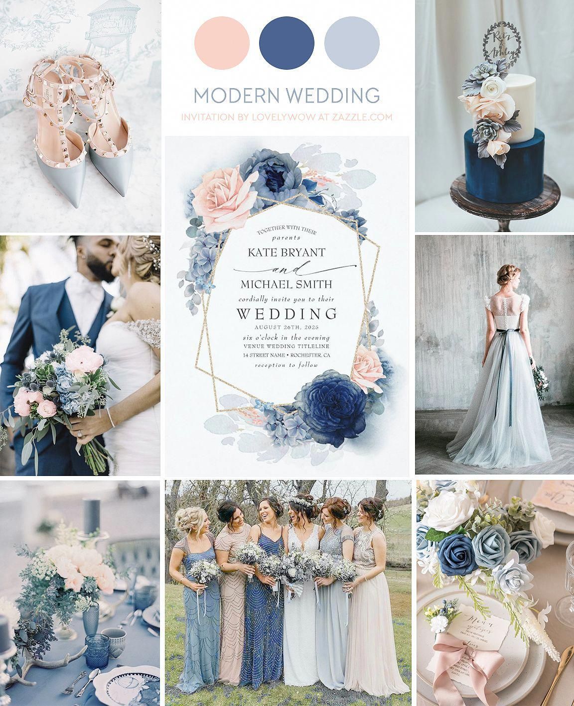 Blush Dusty and Navy Blue Floral Wedding Invitation -   15 wedding Blue arch ideas