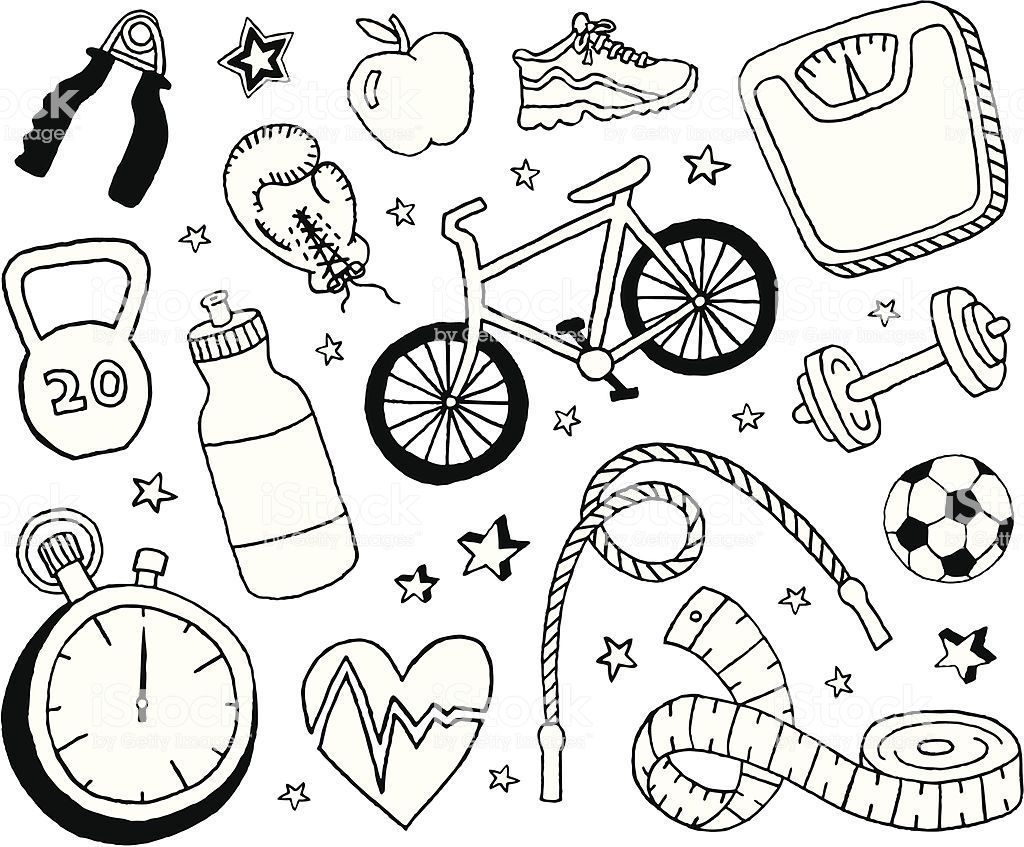 A doodle page of health and fitness items. -   16 fitness Journal doodles ideas