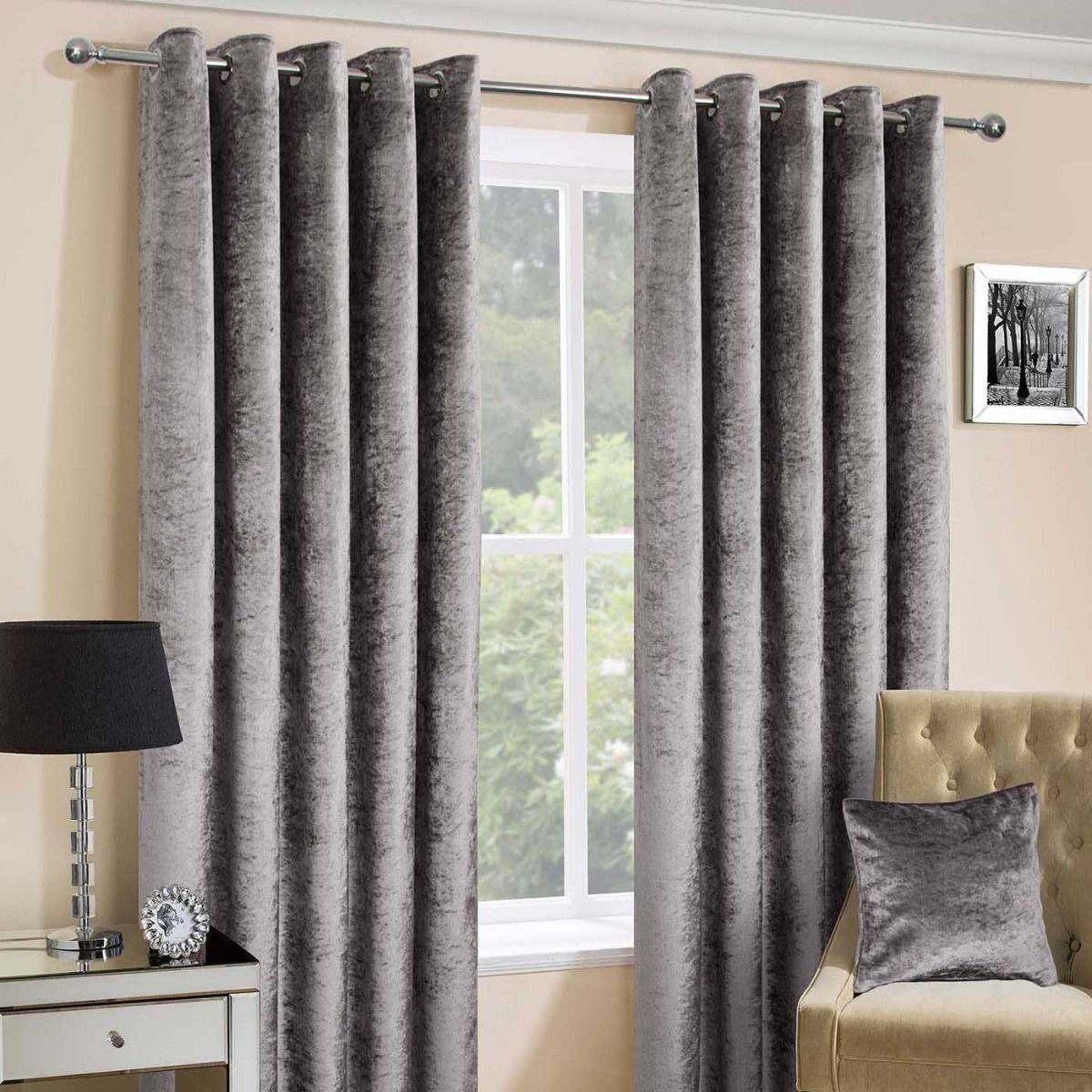 Silver Luxury Crushed Velvet Lined Eyelet Curtain Pair, 66 x 54