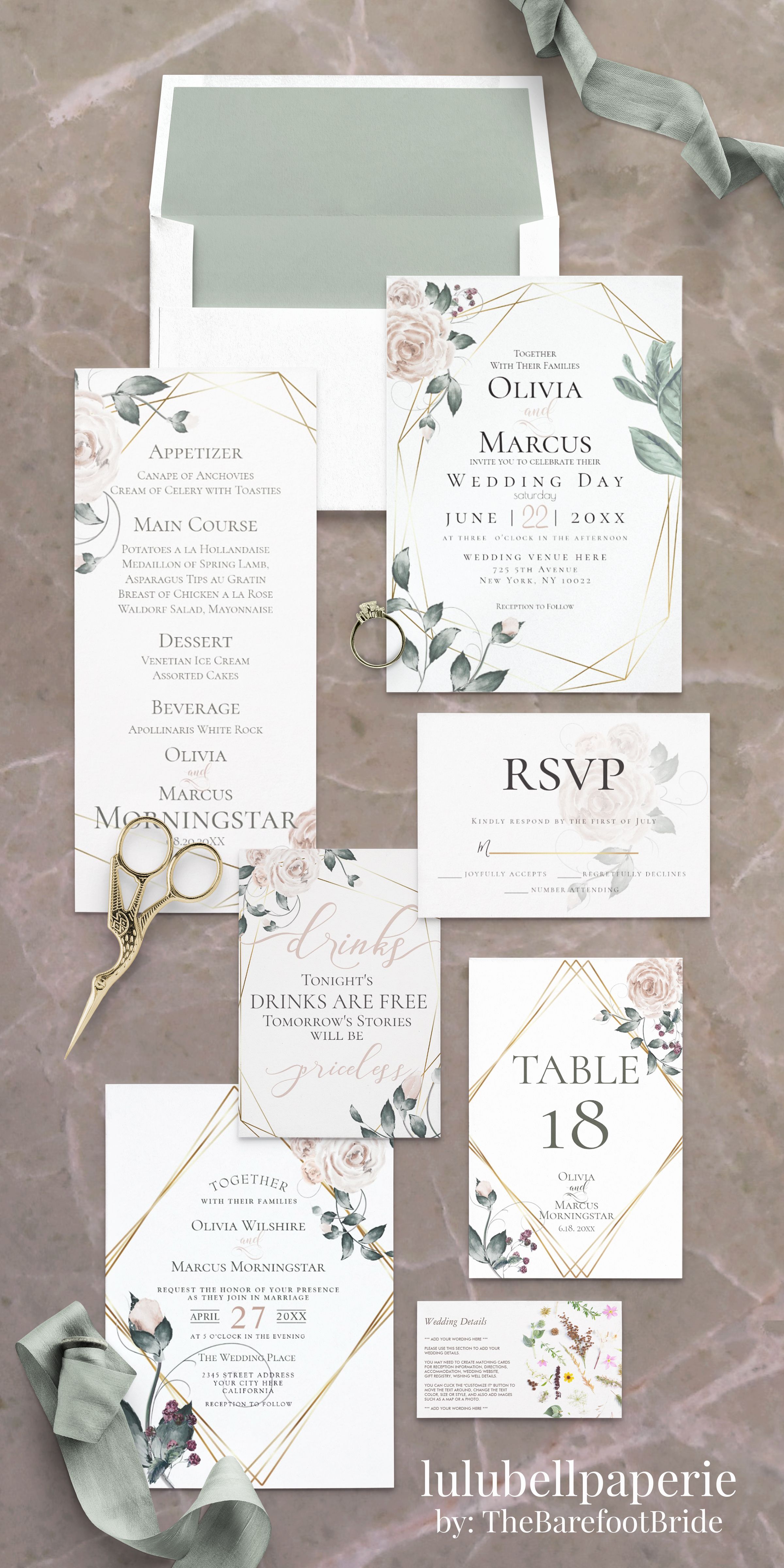 Dusty Pink and Gold Geometric Botanical Wedding Suite - Invitations, Cards, and Stationery -   18 wedding Invitations pink ideas