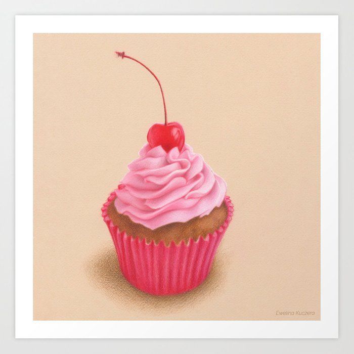 Pink cupcake colored pencil realistic drawing Art Print by traditionalartprints -   19 small cake Drawing ideas