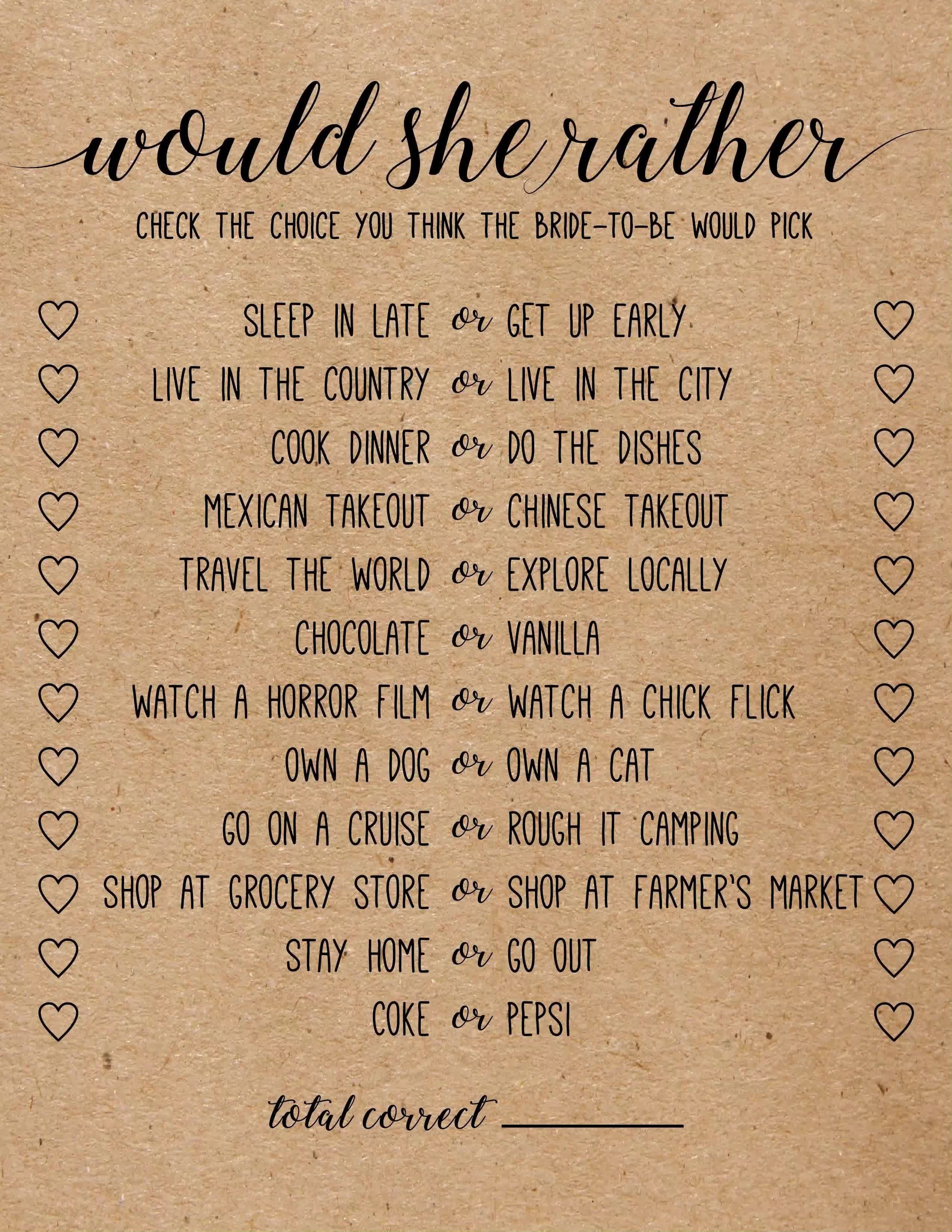 Would She Rather . Would She Rather Bridal Shower Game . Bridal Shower Games -   19 wedding Games for bridal party ideas