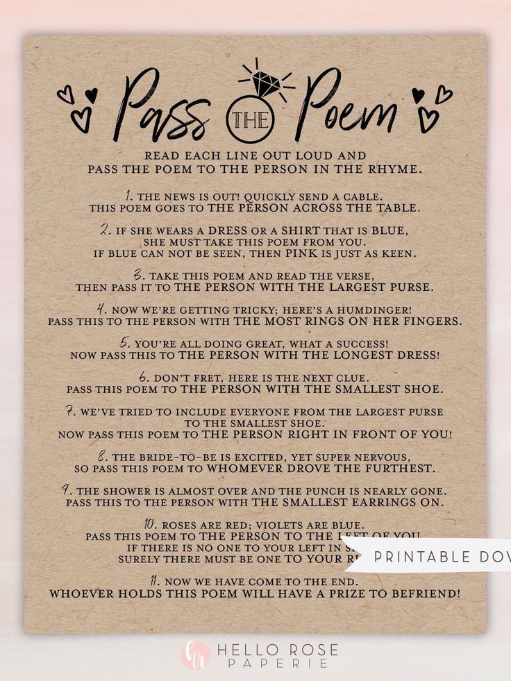 Pass the Poem Bridal Shower Printable Game . Bachelorette Hens | Etsy -   19 wedding Games for bridal party ideas