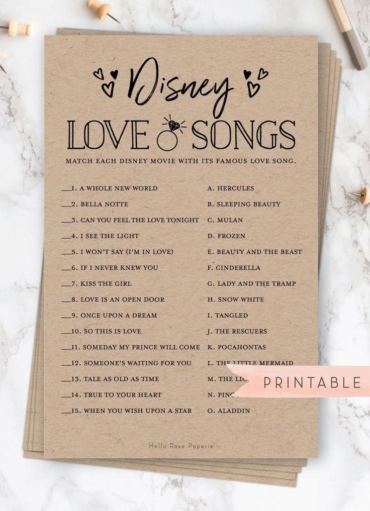 Disney Love Songs Trivia Game . Rustic Bridal Shower Printable . Wedding Shower . Rustic Kraft + Bla -   19 wedding Games for bridal party ideas