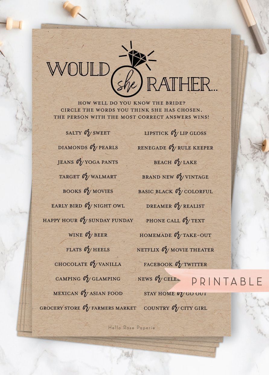 Would She Rather Virtual  Printable Bridal Shower Game . Who | Etsy -   19 wedding Games for bridal party ideas