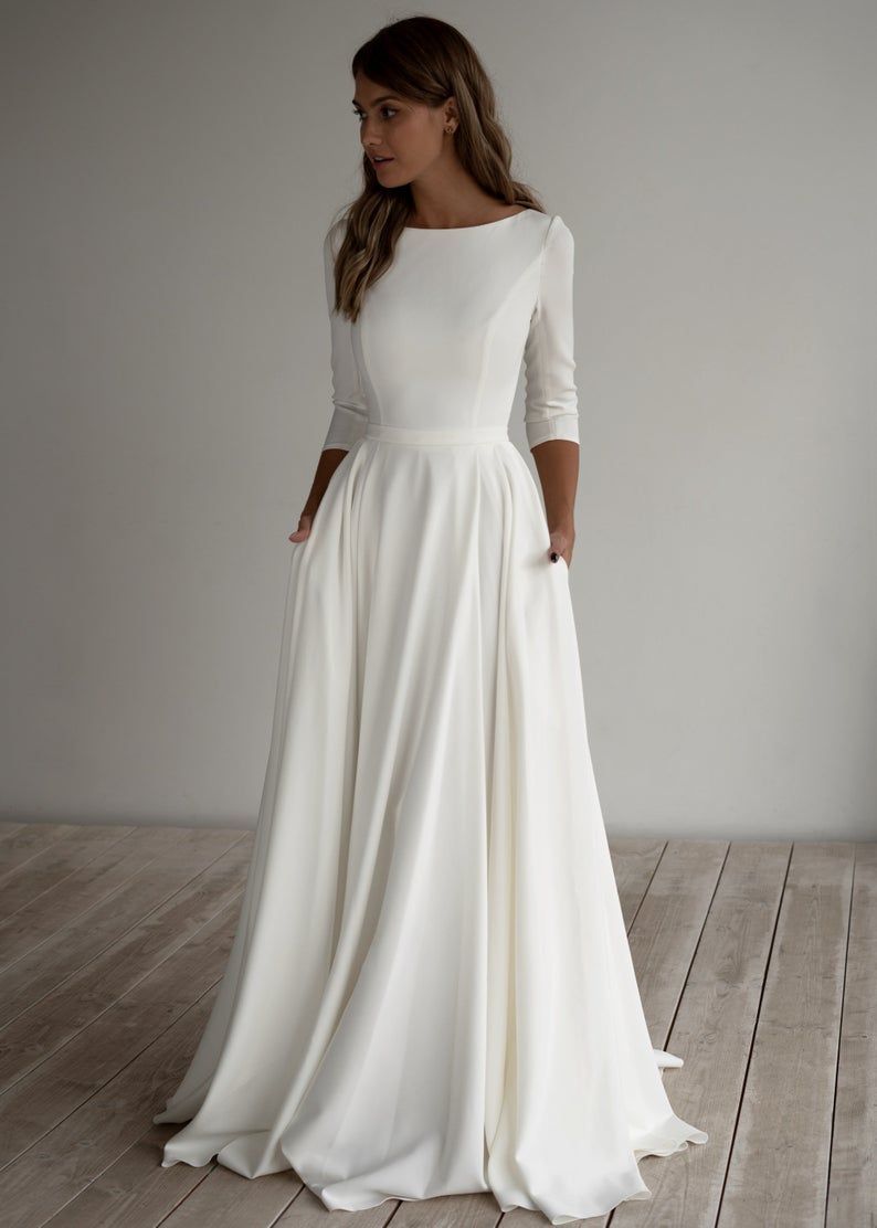Romantic wedding dress Adri. Minimalist dress Long sleeves Crepe dress Romantic bridal dress Elegant Boat -   16 dress Elegant silk ideas