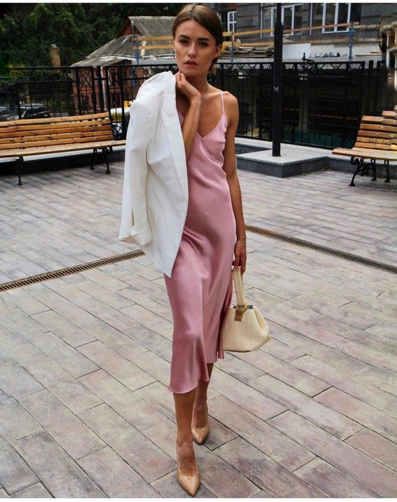 V-neck silk slip dress midi Blush pink bias silk dress Stretch | Etsy -   16 dress Elegant silk ideas