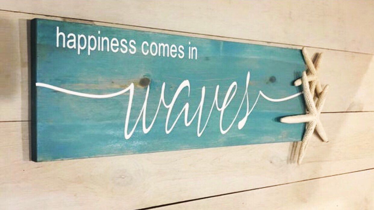 Happiness Comes in Waves Sign l Beach Sign l Beach Decor l Cottage Sign l Wooden Beach Sign -   17 room decor Beach wood signs ideas