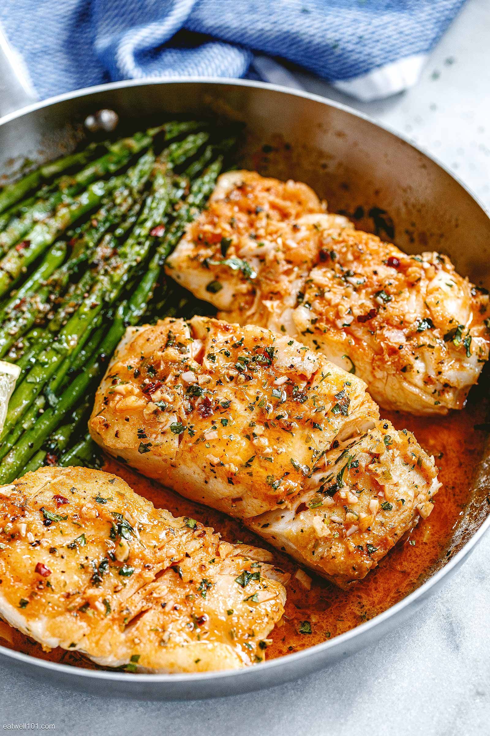 Garlic Butter Cod with Lemon Asparagus Skillet -   healthy recipes Dinner shrimp