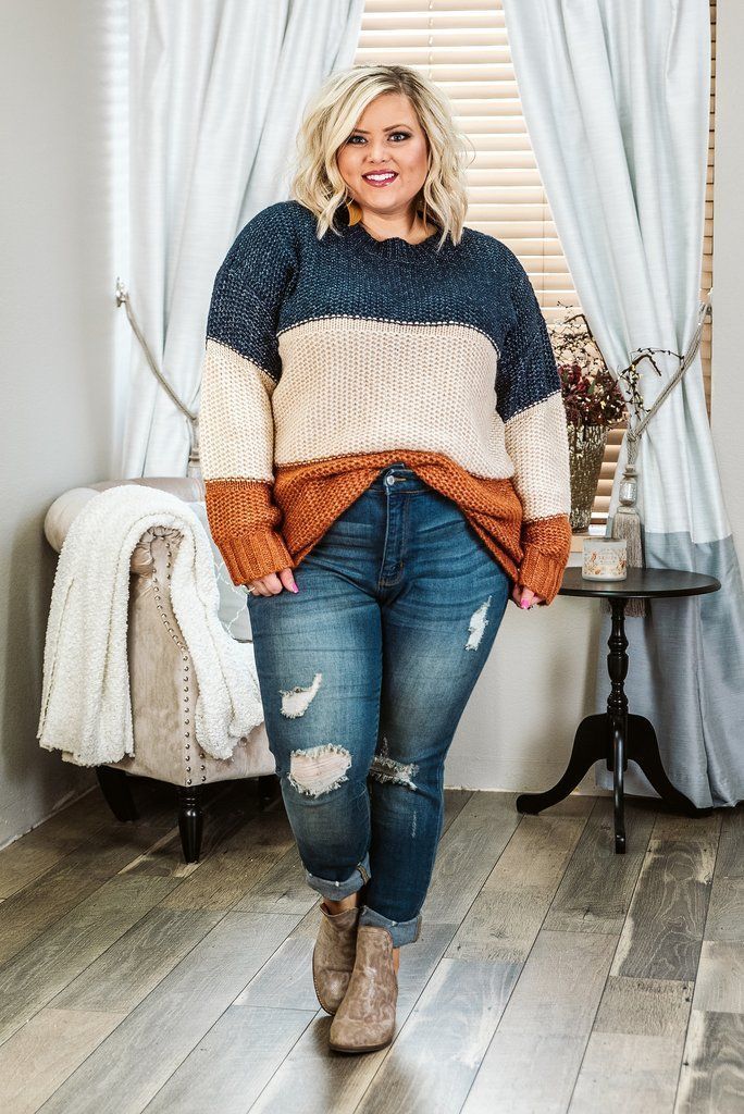 Curvy Fall Stripes, Navy/Beige Plus Size Sweater -   16 fall outfits for women plus size ideas