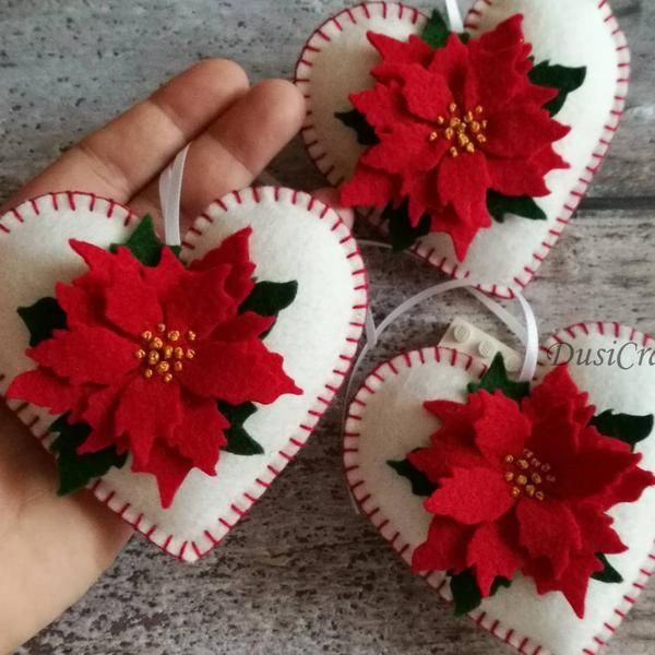 Felt Poinsettia ornament, White Heart ornament with Red Poinsettia flower, Christmas decoration, Valentines decor / MADE TO ORDER -   19 diy Christmas Decorations felt ideas