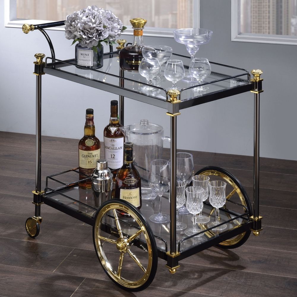 Acme Furniture 98370 Cyrus Serving Cart Black Gold Clear Glass -   beauty Bar cart