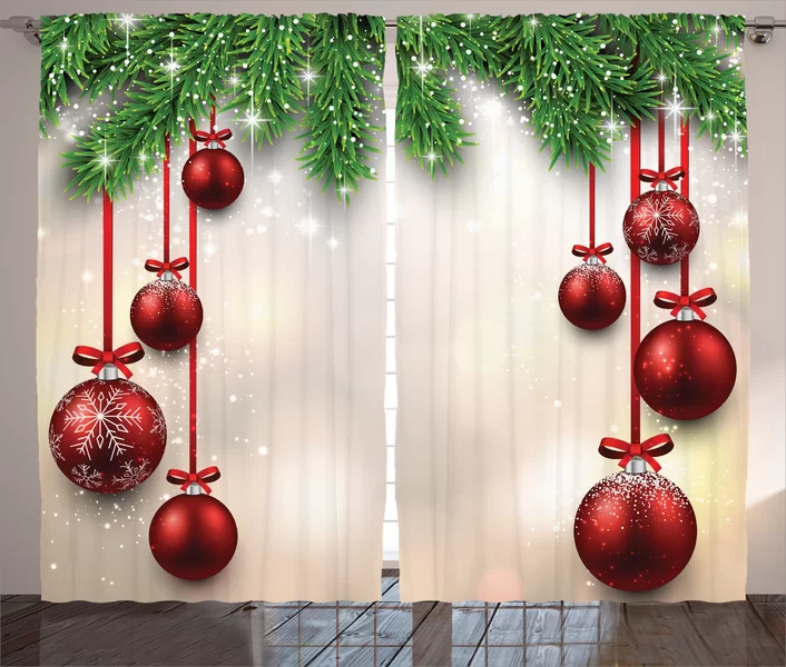 The Holiday Aisle Christmas Decorations Xmas Winter Season Theme Fir Twigs and Vibrant Balls Graphic Print Graphic Print & Text Semi-Sheer Rod Pocket Curtain Panels | Wayfair -   diy Christmas Decorations window