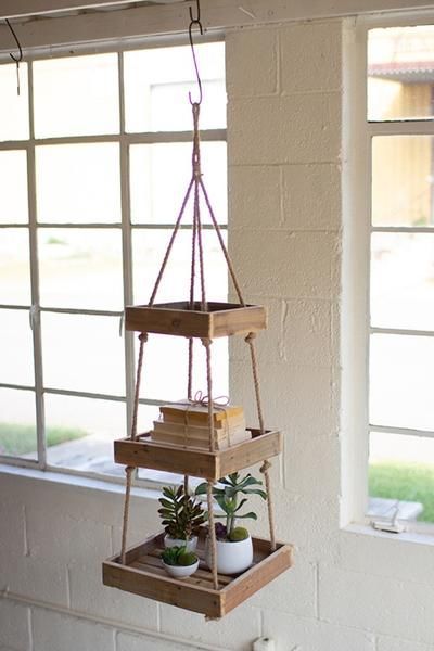 Hanging Three Tiered Square Recycled Wood Display With Jute Rope -   diy Decorations recycle
