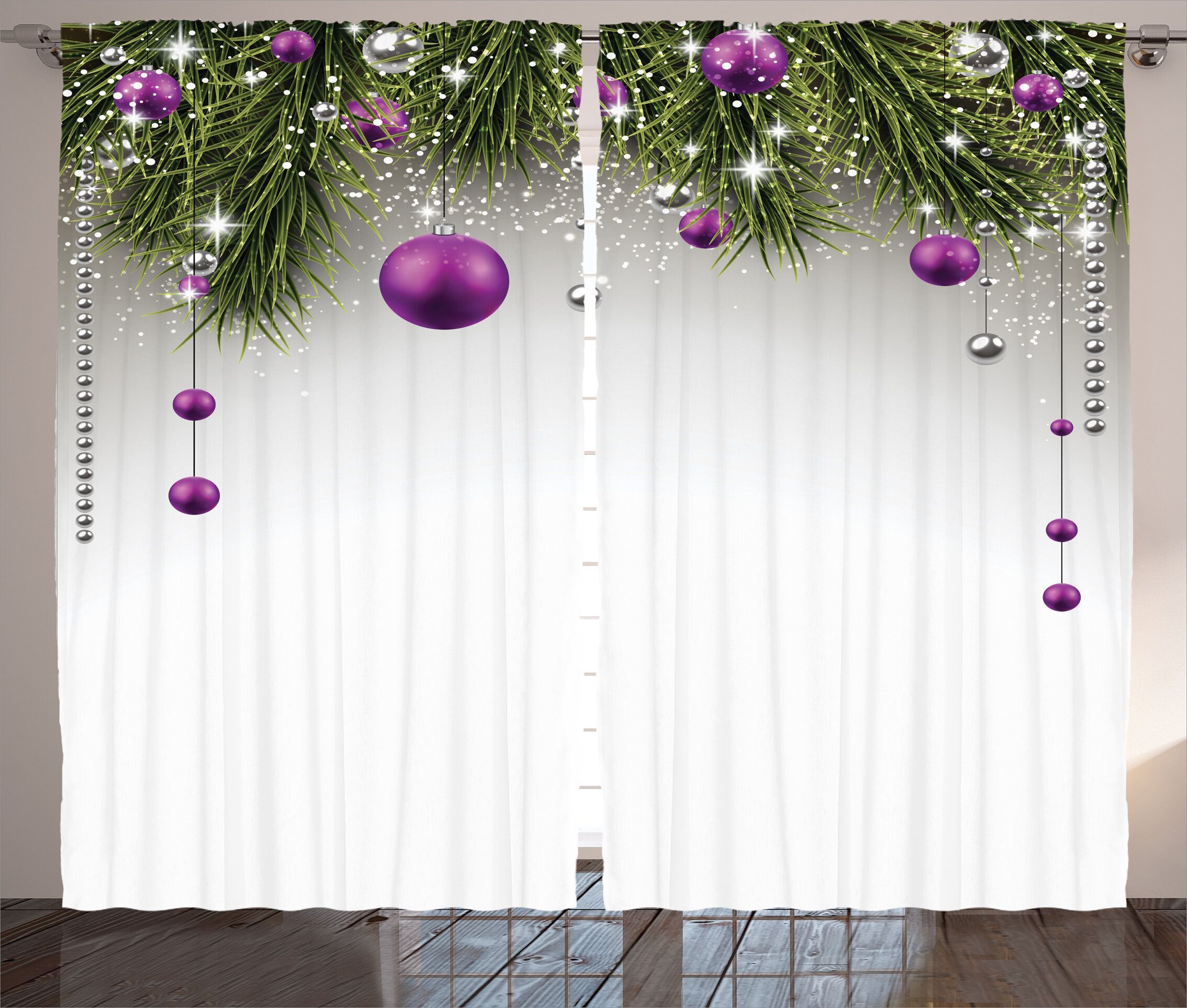 Christmas Decorations Classical Christmas Ornaments and Baubles Pine Tree Twig Tinsel Print Graphic Print & Text Semi-Sheer Rod Pocket Curtain Panels -   diy Decorations tree