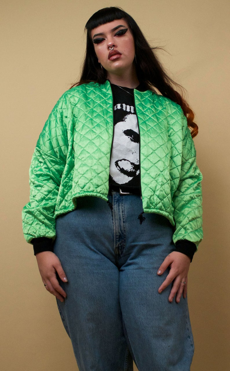 80s 90s Vtg Plus Size Quilted Slime Green Bomber Jacket | Etsy -   style 90s plus size