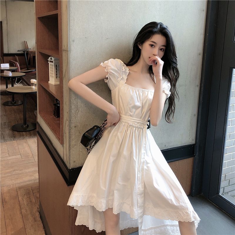 Summer High Waist White Short Sleeve Dress -   style Korean short
