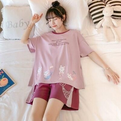 Korean student spring and autumn day home clothes Pajama lady summer cute kitten  short sleeve thin set -   style Korean short