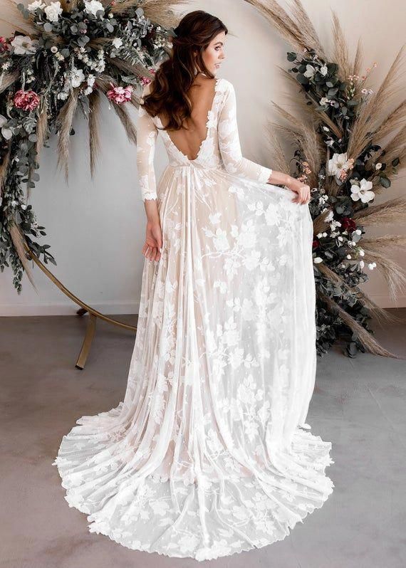 Long Sleeve Wedding Dress, Open Back Wedding Dress, Low Back Wedding Dress, Boat Neck Wedding Dress, Boho Wedding Dress - Ari Dress -   18 beauty Dresses romantic ideas