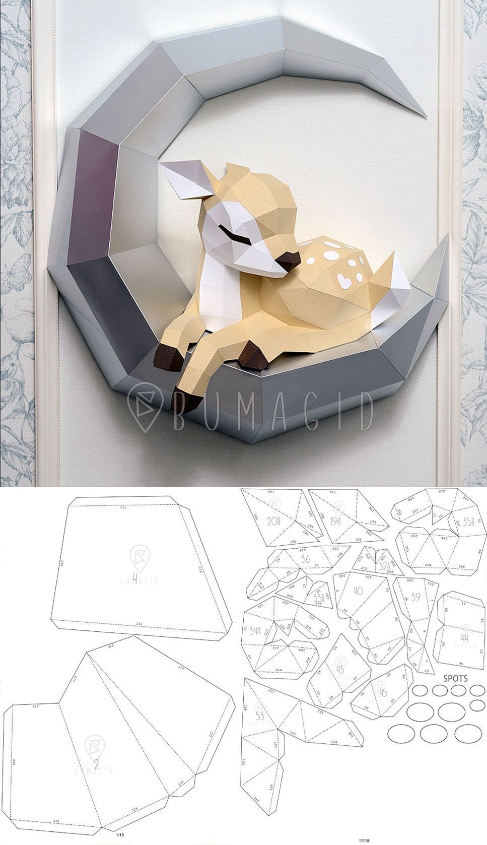 PDF TEMPLATE Fawn on the Moon: Low Poly Fawn Model Origami Papercraft Pepakura 3D Paper -   19 diy Paper animals ideas