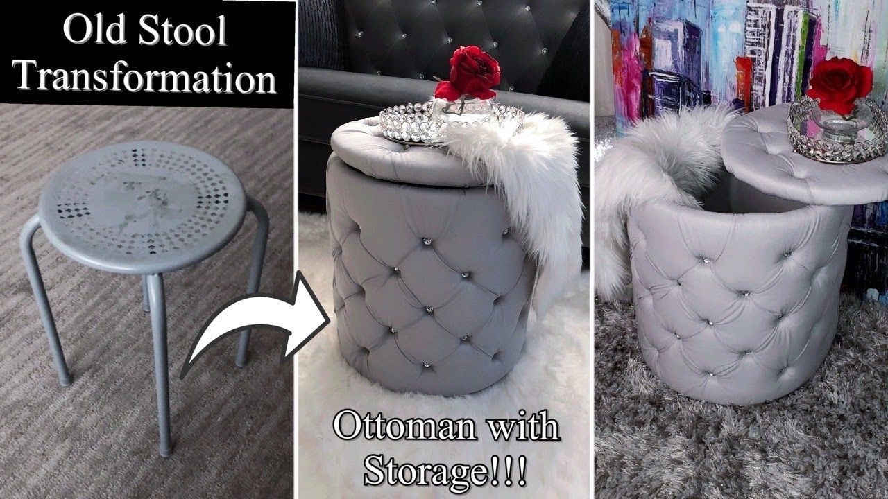 DIY OTTOMAN WITH STORAGE! I TURNED MY OLD STOOL INTO AN OTTOMAN! QUICK AND EASY! -   19 diy Storage ottoman ideas