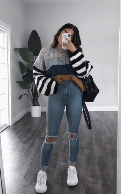 ZESICA Women's Long Sleeve Crew Neck Striped Color Block Casual Loose Knitted Pullover Sweater Tops -   23 style Inspiration college ideas