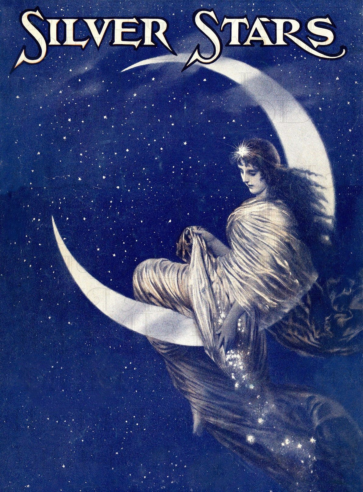 Amazing Art NOUVEAU Lady On Half Moon. Silver Stars! Vintage Moon Illustration. Vintage Digital Art Nouveu ILLUSTRATION. Digital Download -   14 beauty Art moon ideas