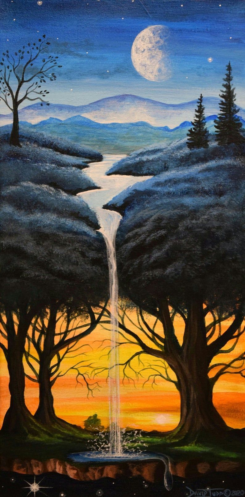 Blue dream tree/surreal acrylic painting/tree art/waterfall tree/fantasy blue tree/dimensonal tree design/blue orange oak trees/night tree -   14 beauty Art moon ideas