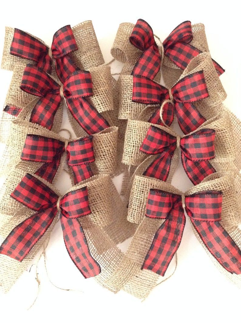 Christmas Tree Red and Black Plaid Bows / Xmas Plaid Decorative Bows / Set of 8 Bows / Vintage - Rustic - Buffalo Plaid Collection of Bows -   14 rustic christmas tree topper burlap bows ideas