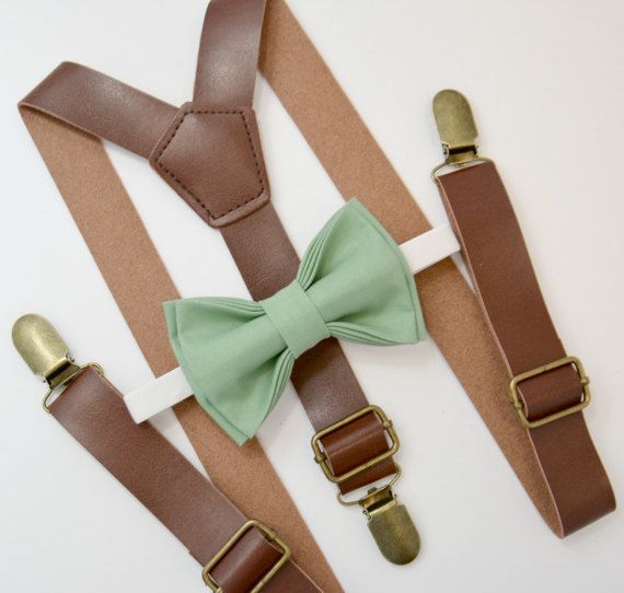 Bow Tie & Suspenders SET / Dark Sage Green Bow Tie Brown Faux Leather Suspenders brass clasps / Kids Mens Baby Wedding Set 6 mo - Adult -   15 sage green wedding groomsmen ideas