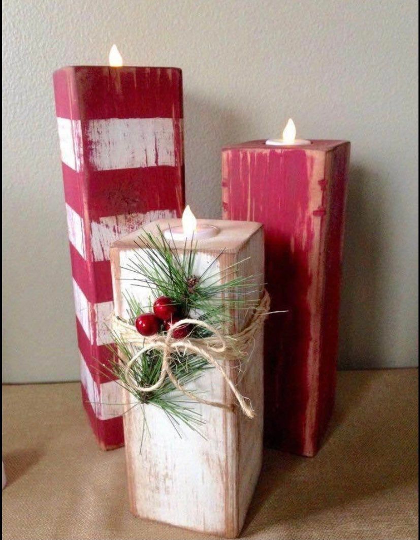 Wood block candle holder, Christmas Decor, Rustic candleholder, Red and White Stripe Christmas Decor, Wood Candle holder/ Wood Centerpiece -   19 christmas decorations diy crafts ideas