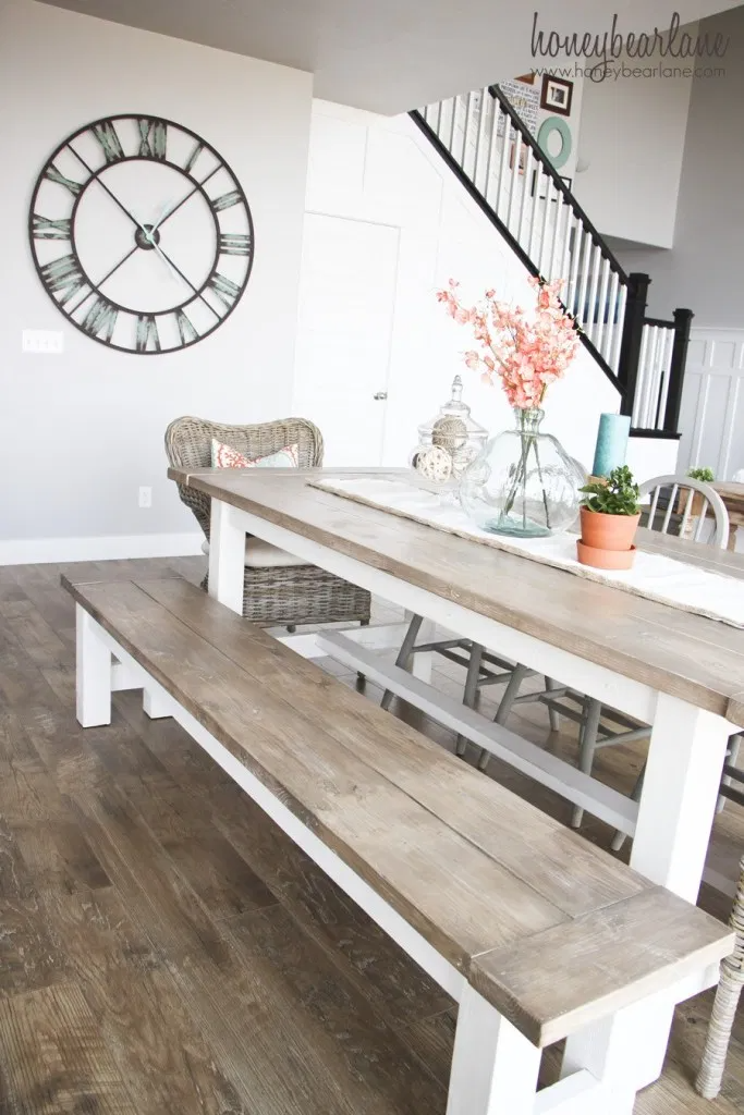 DIY Farmhouse Table and Bench - Honeybear Lane -   19 farmhouse decorations for kitchen table ideas