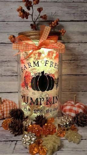 Farmhouse Pumpkin color changing mason jar light, fall table centerpiece,  pumpkin decor, fall decor -   20 thanksgiving crafts diy home decor ideas