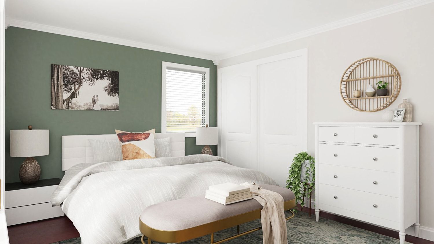 Get Inspiration From Sage Green Accent Wall: Glam Transitional Bedroom Design By Spacejoy -   16 sage green bedroom walls ideas