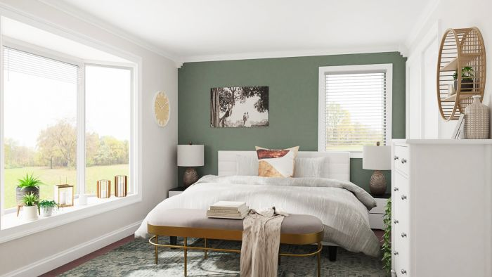 Get Inspiration From Sage Green Accent Wall: Glam Transitional Bedroom Design By Spacejoy -   16 sage green bedroom walls ideas