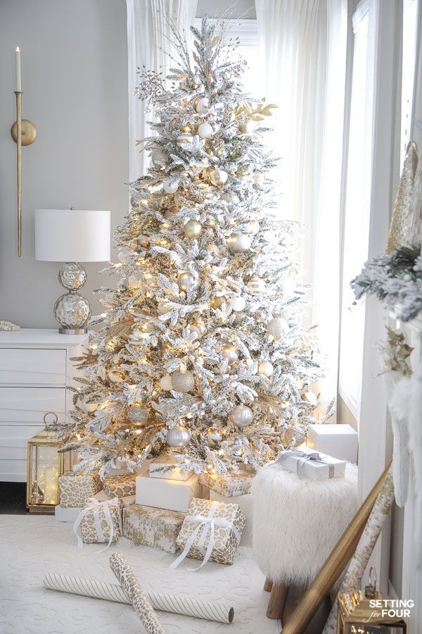 How To Decorate This Elegant Gold and White Flocked Christmas Tree -   17 christmas tree decor 2020 gold ideas