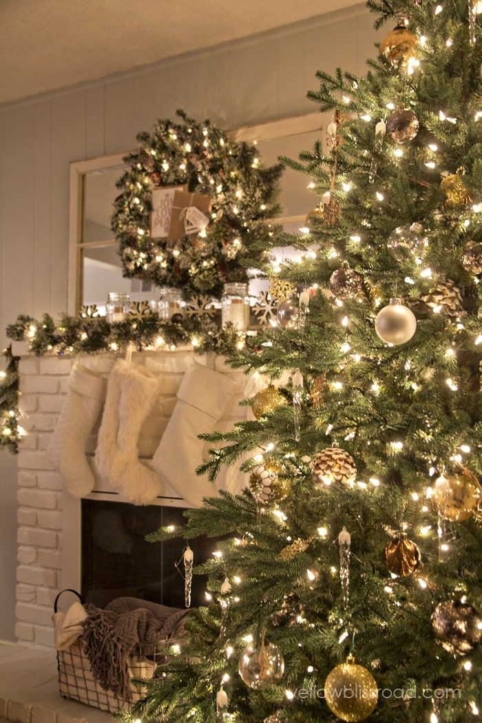 Rustic Glam Christmas Tree and Mantel | YellowBlissRoad.com -   17 christmas tree decor 2020 gold ideas
