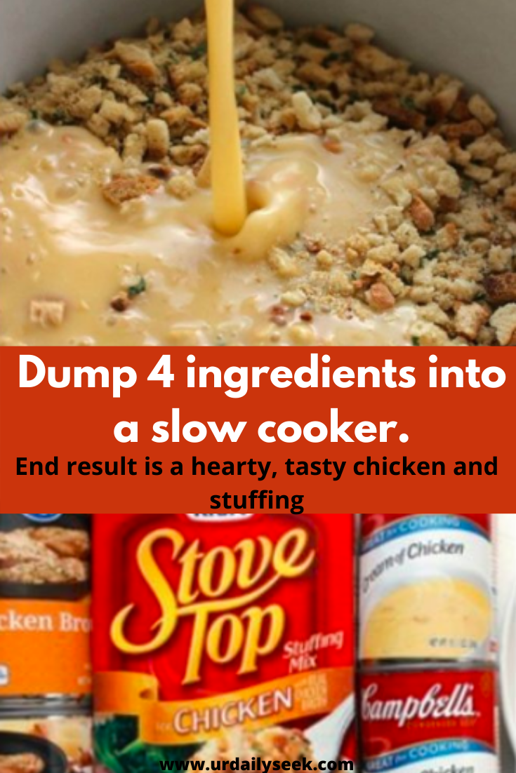 Dump 4 ingredients into a slow cooker. End result is a hearty, tasty chicken and stuffing -   17 stuffing recipes easy crock pot ideas