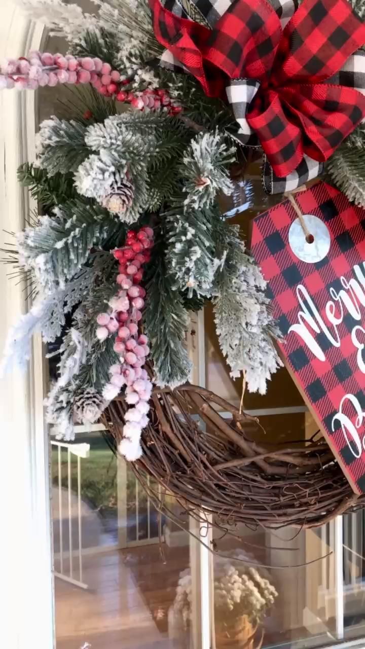 Christmas Merry and Bright Wooden Tag with Berries & Buffalo Plaid Ribbon -   19 christmas decor wreaths & garlands ideas