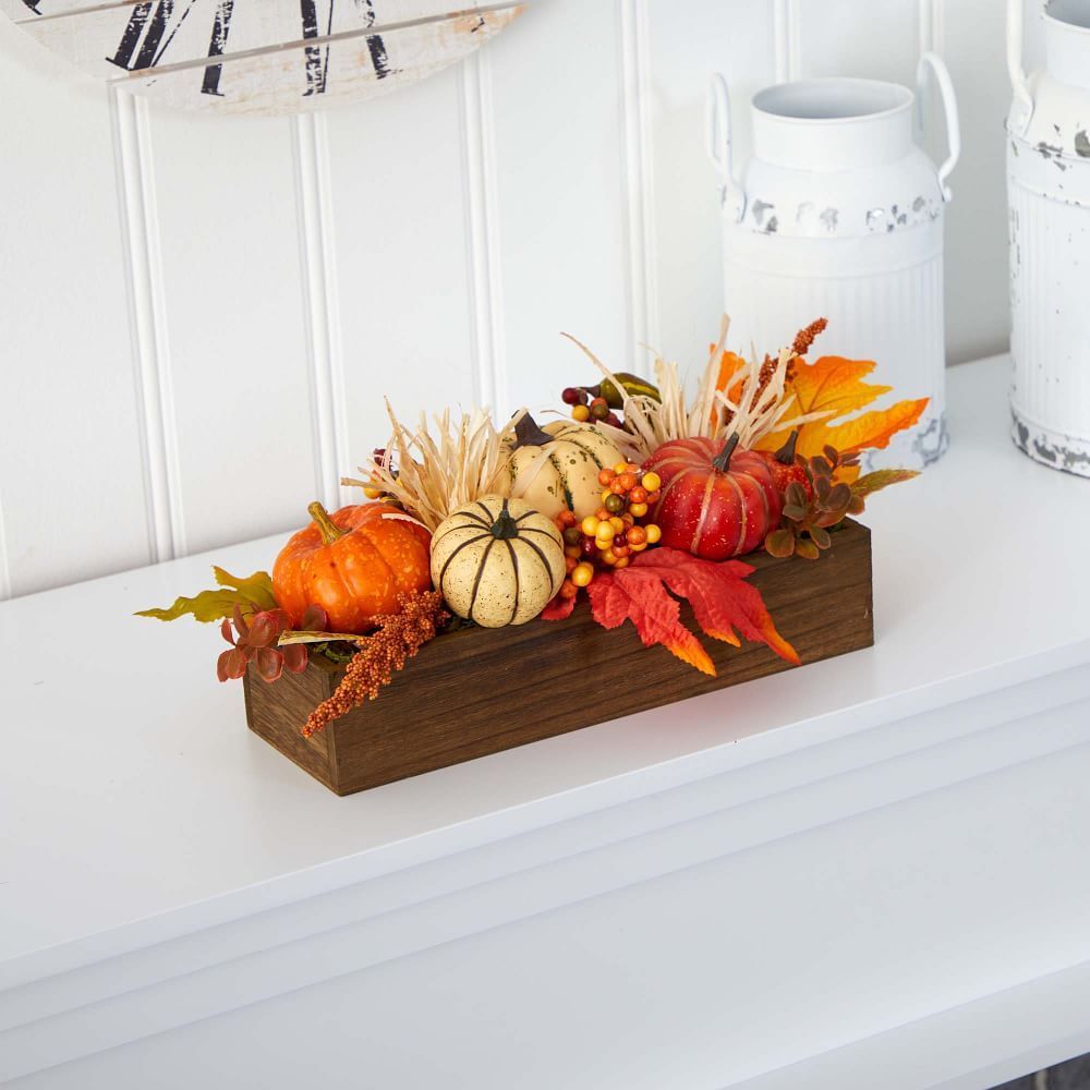 Faux Harvest Arrangement w/ Wood Trough -   19 diy thanksgiving centerpieces vases ideas