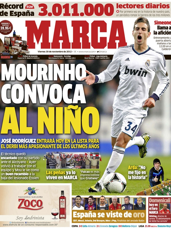 Mourinho convoca al niño La portada del 30 de noviembre de 2