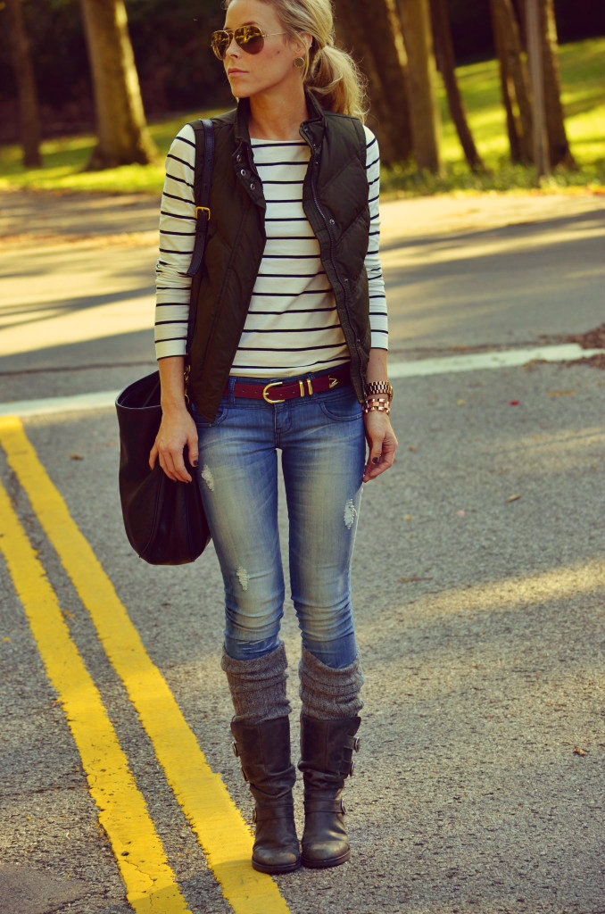 Blue jeans, stripes & a puffy vest. I absolutely love how comfy and ...